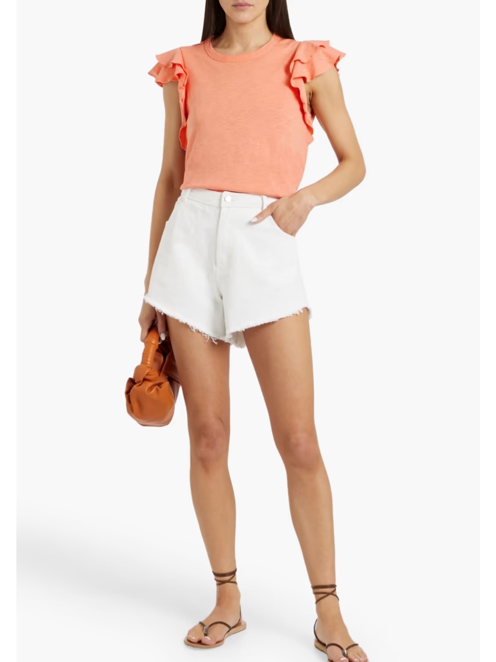 VERONICA BEARD Pima Cotton Ruffle Sleeves Jersey Coral Orange T-Shirt